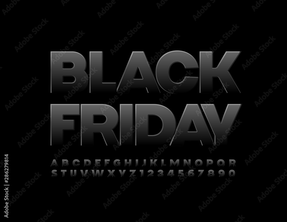 Vector promo banner Black Friday with glossy Font. Uppercase Alphabet Letters and Numbers Vector promo banner Black Friday with glossy Font. Uppercase Alphabet Letters and Numbers