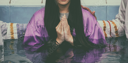 Photos Young Woman Baptized by Her Pastor in the Outdoor Pool.