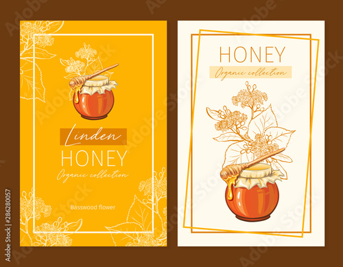 Linden Honey Print Template. Yellow and Orange Banners for Thanksgiving Holiday or Packaging Brand Identity. Vector Illustration