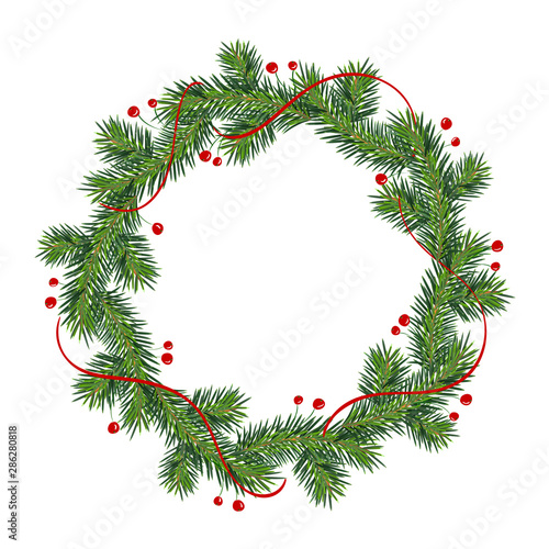 New year and Christmas wreath. winter garland with red holly berries on green branches, isolated on white background. Greeting card. Happy xmas vector retro holiday design