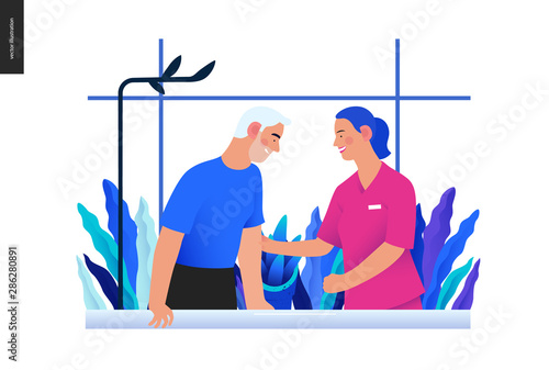 Medical insurance - rehabilitation and physiotherapy -modern flat vector concept digital illustration -physiotherapist helps patient walking using training parallel bars, medical office, laboratory