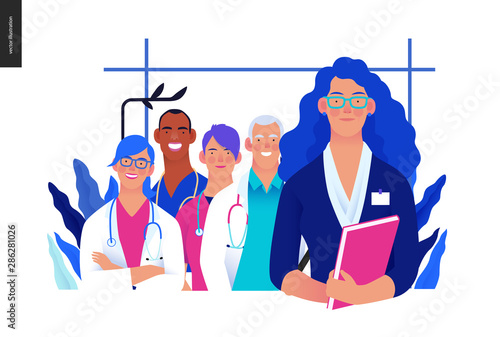 Medical insurance illustration -hospital administrator -modern flat vector concept digital illustration - a female hospital administrator with a team of doctors concept, medical office or laboratory