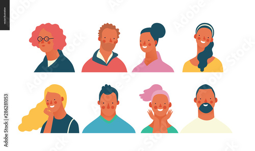 Bright people portraits set - hand drawn flat style vector design concept illustration of young men and women, male and female faces and shoulders avatars. Flat style vector icons set