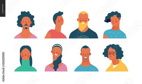 Bright people portraits set - hand drawn flat style vector design concept illustration of young men and women, male and female faces and shoulders avatars. Flat style vector icons set