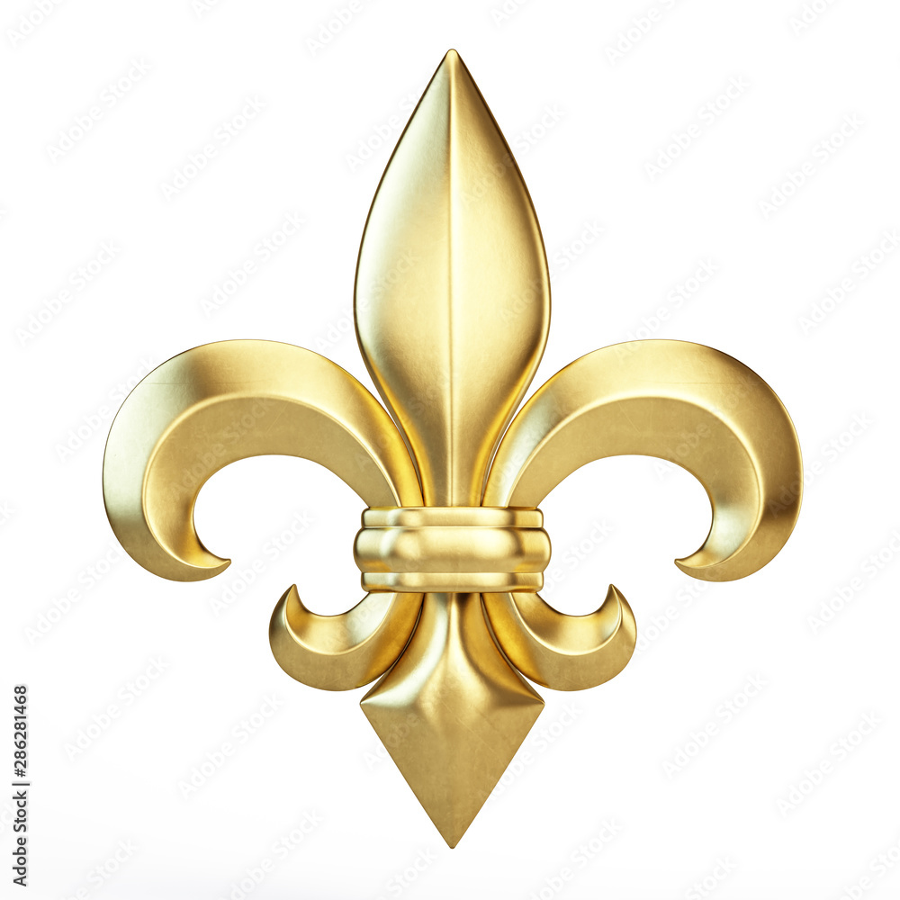 Gold Fleur de lis isolated on white - heraldic icon concept. 3d rendering  Stock Illustration
