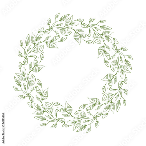 Frame of wreath with leaves and branches. Decor design with copyspace isolated on white. Sketched floral and herbs garland. Handdrawn vector style, nature illustration
