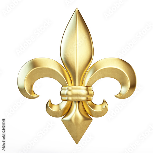 Gold Fleur de lis isolated on white - heraldic icon concept. 3d rendering photo