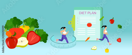 Vector of an overweight woman running and losing weight eating low fat food.