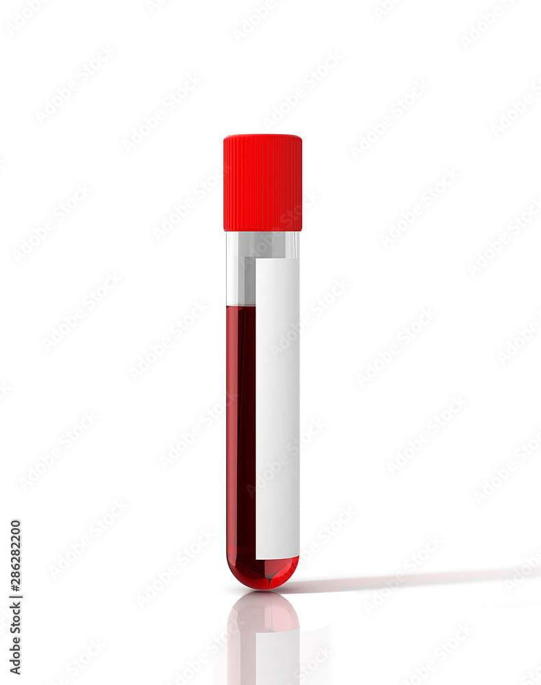 Test tube with blood and white sticker isolated on white. 3D Illustration. Test tube with blood and white sticker isolated on white. 3D Illustration.