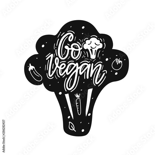 Go vegan fun broccoli vector hand-written lettering calligraphy eco label design