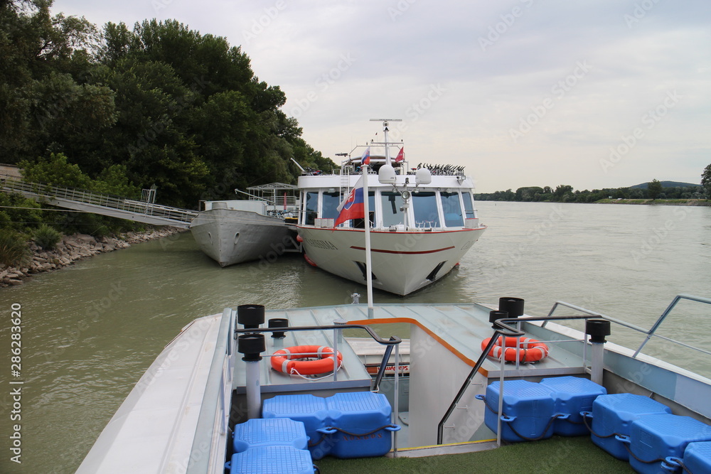 Cruise ship in Devin haben on Danube river near Bratislava, Slovakia