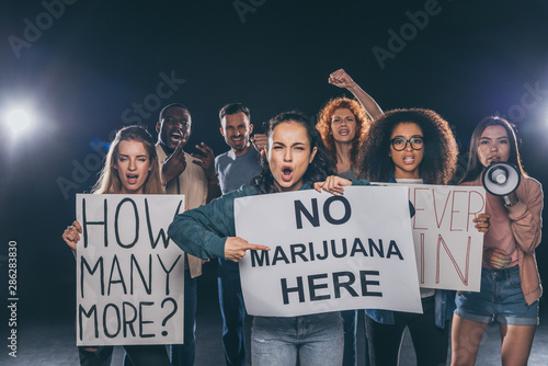 emotional girl pointing with finger at placard with no marijuana here lettering near multicultural people on black © LIGHTFIELD STUDIOS