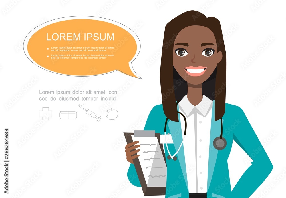 Friendly black african american female doctor smiling. Hospital worker speaking with speech bubble and holding clipboard. Friendly black african american female doctor smiling. Hospital worker speaking with speech bubble and holding clipboard.