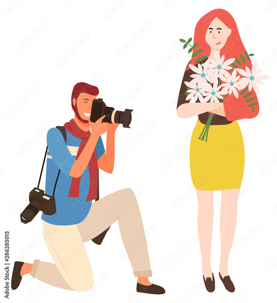 Photoset, photographer and woman with flowers, isolated character vector. Girl with bouquet and man taking picture, posing and photoshooting, portrait. Boy do photo of girl Photoset, photographer and woman with flowers, isolated character vector. Girl with bouquet and man taking picture, posing and photoshooting, portrait. Boy do photo of girl