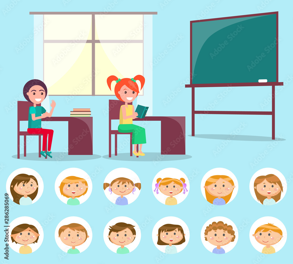 Pupils sitting at table with books, classroom decorated by desk and window, kids sitting indoor. Round stickers of children, classroom and classmate vector. Back to school concept. Flat cartoon Pupils sitting at table with books, classroom decorated by desk and window, kids sitting indoor. Round stickers of children, classroom and classmate vector. Back to school concept. Flat cartoon