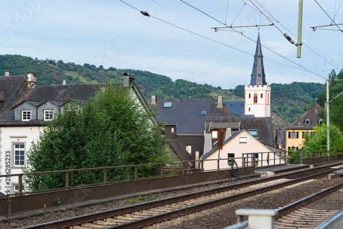 railway, Collegiate Church and houses in Sankt Goar, Germany