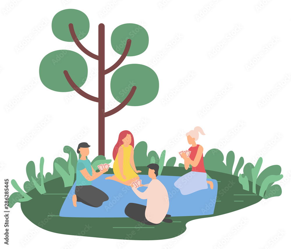 Man and woman playing cards on mat, relaxing near tree, people gambling  outdoor, friends characters sitting on grass, game and nature, hobby  vector. Flat cartoon Stock Vector | Adobe Stock