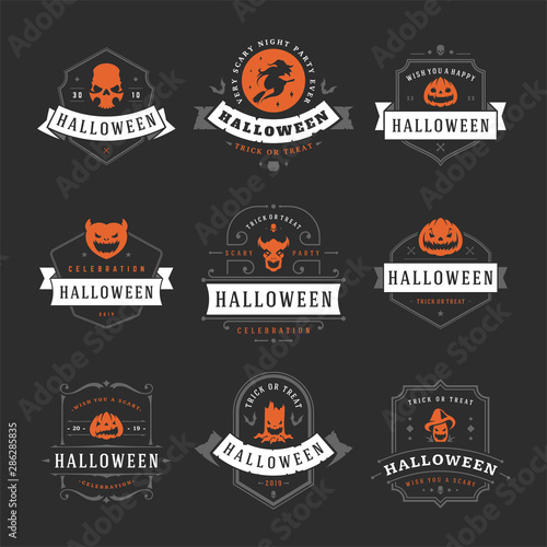 Happy halloween labels and badges design set vintage typography templates for greeting cards banners vector illustration
