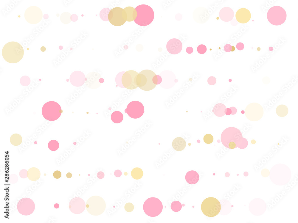 Gold, pink and rose color round confetti dots, circles chaotic scatter. Glamour bokeh background.