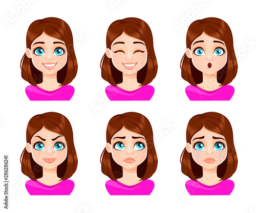 Face expressions of woman in purple blouse