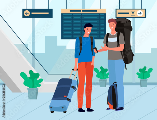 Men travelers standing in arrival or waiting hall, friends holding bag and backpack standing in airport. Males with baggage in departure lounge vector. Family travel. Flat cartoon