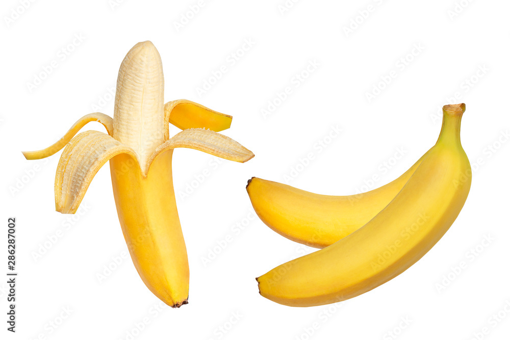 Set of fruits isolated on white background. Two banana in bunch and open half peeled banana