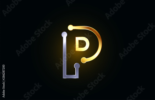 gold and silver metal letter P for alphabet logo icon design