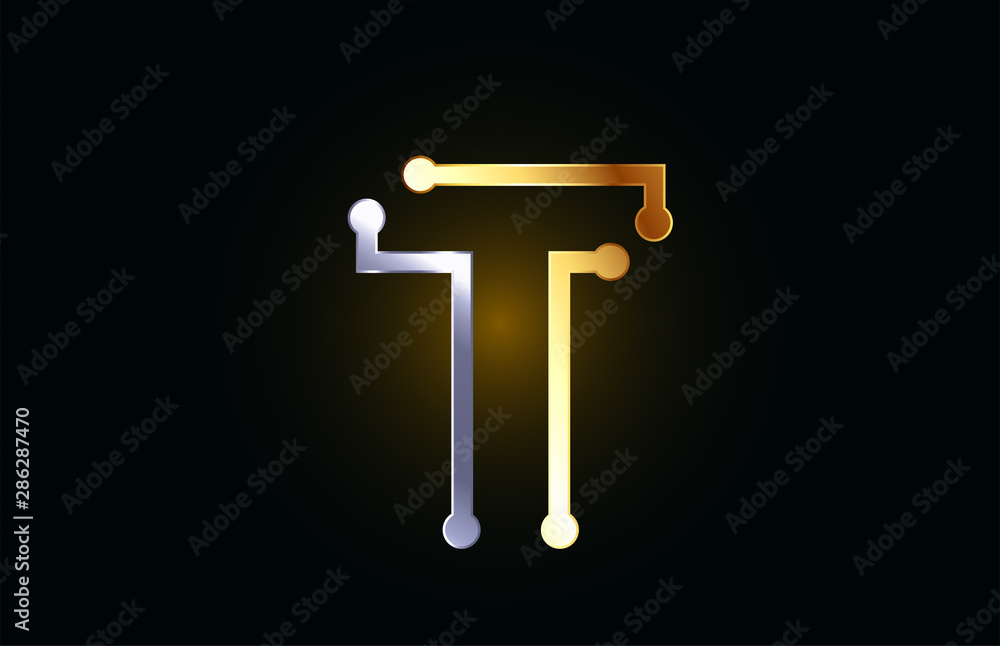 gold and silver metal letter T for alphabet logo icon design