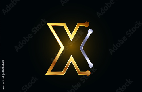 gold and silver metal letter X for alphabet logo icon design