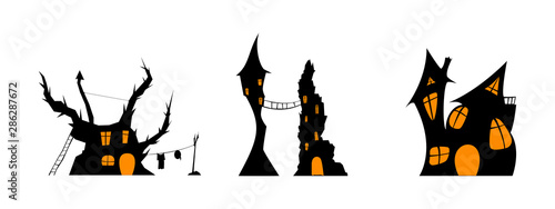 Witches houses. Black and white silhouette set. One of the Halloween symbols. Vector illustration.