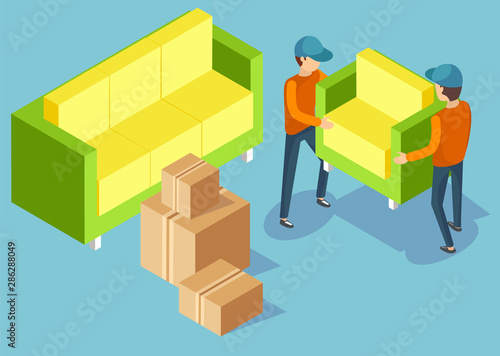Two men in workwear moving armchair and couch. Delivery service for moving and transporting furniture and other objects. Cardboard boxes and parcels. Flat isometric cartoon