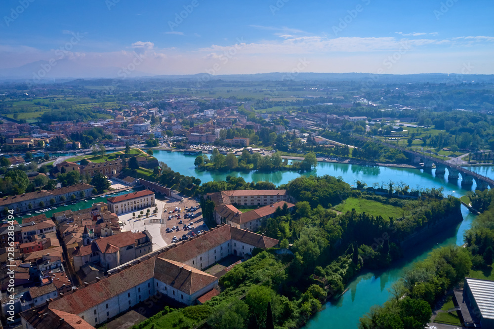 Aerial photography with drone. Beautiful view of the city of Peschiera del Garda, Italy. Aerial photography with drone. Beautiful view of the city of Peschiera del Garda, Italy.