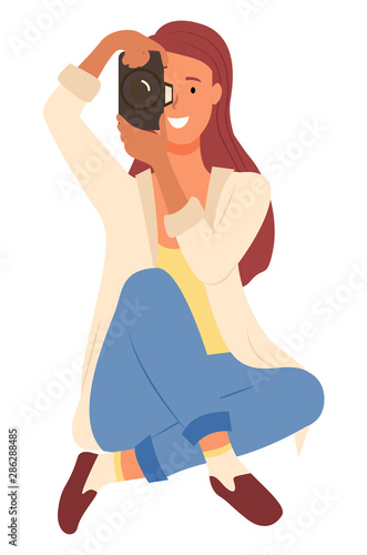 Woman photographer with photo camera, creative profession vector. Girl with digital device do photo, photoshooting and photoset, photography or photograph