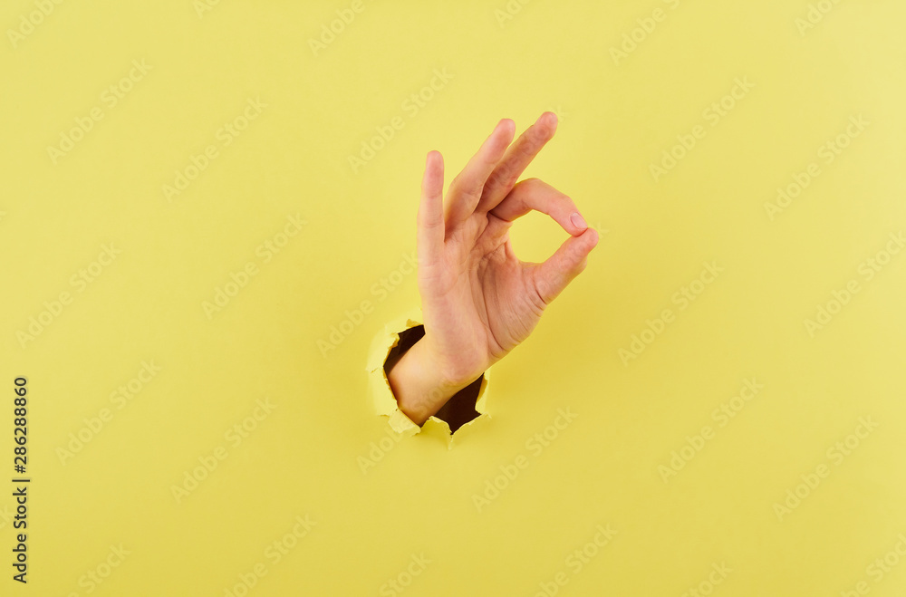 Naklejka premium Woman showing a sign of agreement on yellow background copy space closeup