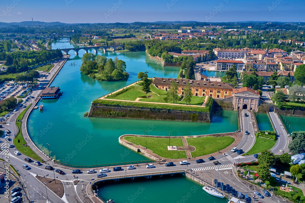 Fototapeta premium Aerial photography with drone. Beautiful view of the city of Peschiera del Garda, Italy.
