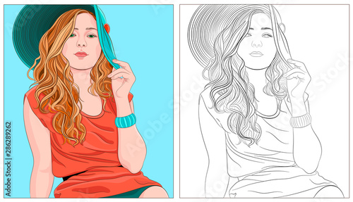 Portrait of a girl in a hat and an orange sweater, coloring book
