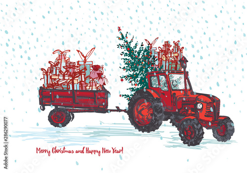 Festive New Year and Merry Christmas card. Red tractor with fir tree decorated red balls and holiday gifts White snowy seamless background