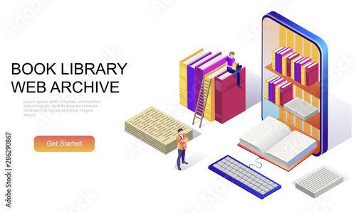Modern flat design isometric concept of Book Library decorated people character for website and mobile website development. Isometric landing page template. Vector illustration.