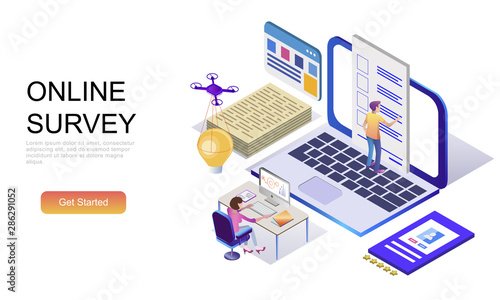 Modern flat design isometric concept of Online Survey decorated people character for website and mobile website development. Isometric landing page template. Vector illustration. © microstore