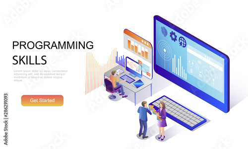 Modern flat design isometric concept of Programming Skills decorated people character for website and mobile website development. Isometric landing page template. Vector illustration.