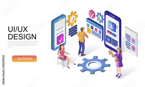 Modern flat design isometric concept of UX, UI Design decorated people character for website and mobile website development. Isometric landing page template. Vector illustration. photo