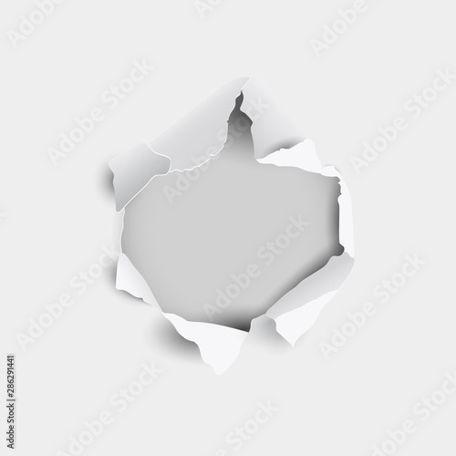 Torn hole and ripped in sheet paper on a gray background, 3d realistic style