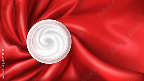 Skincare repairing, soothing or moisturizing face cream jar with opened lid on red silk, satin fabric 3d realistic vector illustration. Cosmetics product ad banner template, background with copyspace