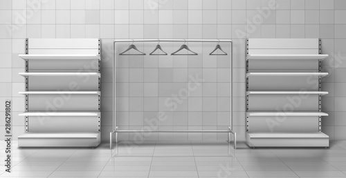 Two heavy racks with empty shelves, clothes hangers hanging on display stand in shop trading hall 3d realistic vector. Retail store supplies, trading business equipment and furniture illustration