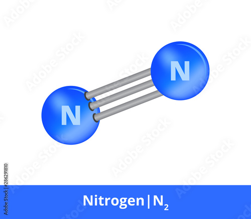 Vector ball-and-stick model of chemical substance. Icon of nitrogen molecule N2 with one triple bond. Structural formula of nitrogen suitable for education. Symbol is isolated on a white background.