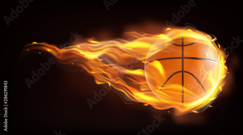 Firing, flying engulfed in flames basketball ball 3d realistic vector illustration isolated on black background. Hot competition, contest or championship concept. Sports inventory ad design element