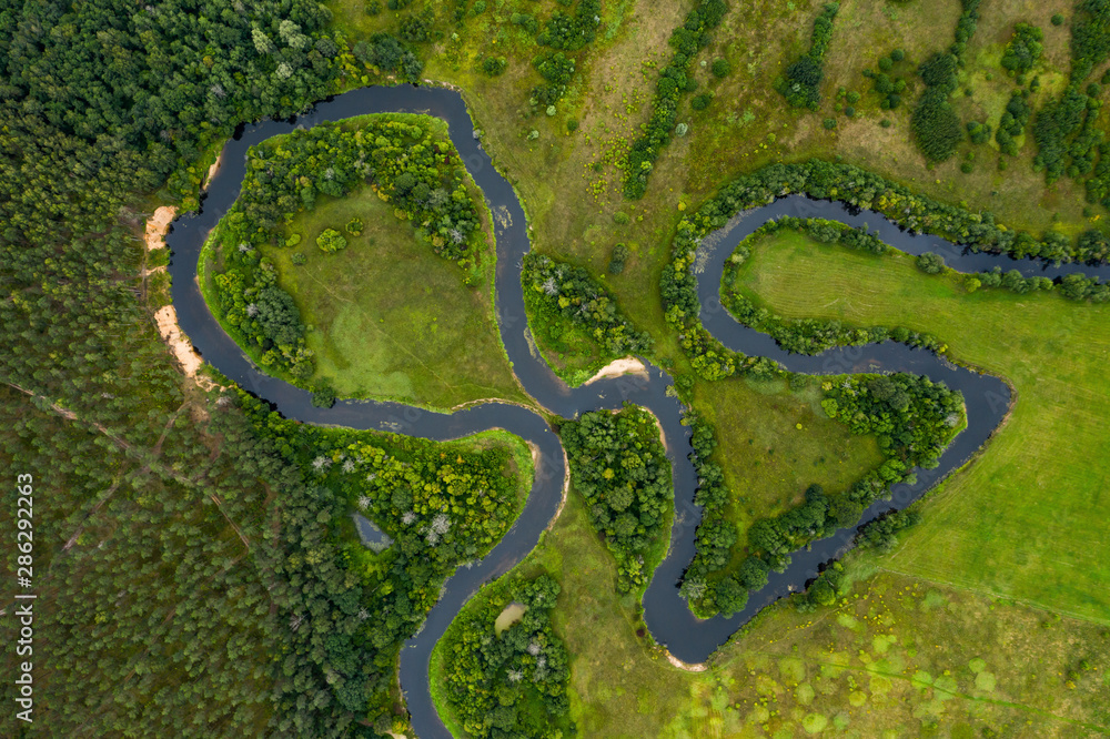 Top view drone shot of a green field, forest and river Top view drone shot of a green field, forest and river