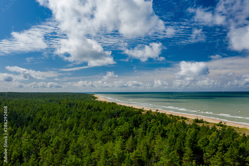 Summer coastline landscape. Green forest. Blue sea. Summer coastline landscape. Green forest. Blue sea.