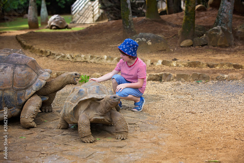 Happy family, children and parents, feeding giant tortoises in a exotic park on Mauritius island