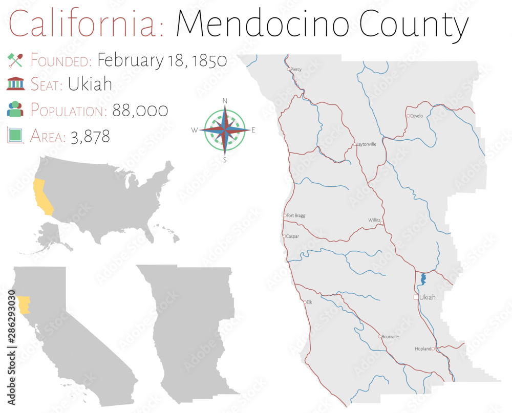 Large and detailed map of Mendocino county in California, USA